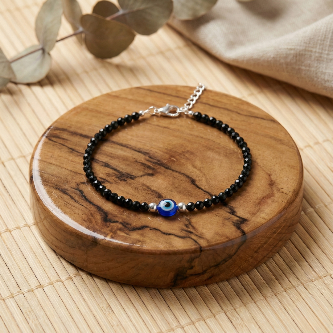 Black Tourmaline Anklet with Evil Eye Charm