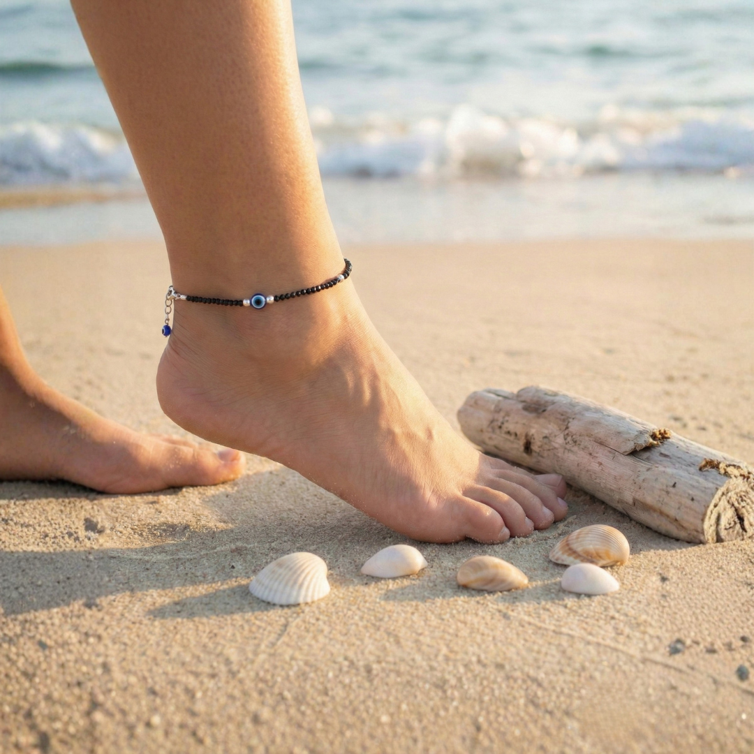 Black Tourmaline Anklet with Evil Eye Charm